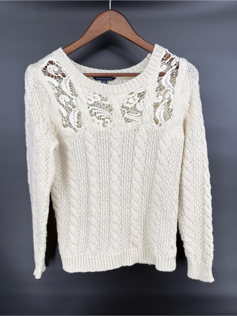 American Eagle Outfitters Ivory Cable Knit Sweater with Lace Yoke